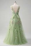 Square Neck Green Floral A Line Appliqued Formal Dress