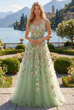 Square Neck Green Floral A Line Appliqued Formal Dress