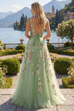 Square Neck Green Floral A Line Appliqued Formal Dress
