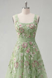 Square Neck Green Floral A Line Appliqued Formal Dress