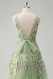 Square Neck Green Floral A Line Appliqued Formal Dress