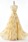 Yellow V-Neck Ruched A Line Floral Formal Dress with Slit