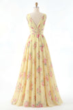 Yellow V-Neck Ruched A Line Floral Formal Dress with Slit