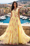 Yellow V-Neck Ruched A Line Floral Formal Dress with Slit