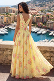 Yellow V-Neck Ruched A Line Floral Formal Dress with Slit