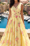 Yellow V-Neck Ruched A Line Floral Formal Dress with Slit