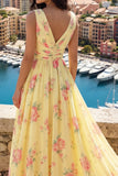 Yellow V-Neck Ruched A Line Floral Formal Dress with Slit