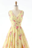 Yellow V-Neck Ruched A Line Floral Formal Dress with Slit