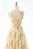 Yellow V-Neck Ruched A Line Floral Formal Dress with Slit