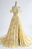 Sparkly Yellow Floral Off the Shoulder Ruffled Long Formal Dress with Beading