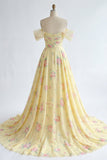 Sparkly Yellow Floral Off the Shoulder Ruffled Long Formal Dress with Beading