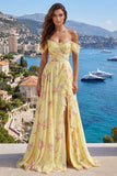 Sparkly Yellow Floral Off the Shoulder Ruffled Long Formal Dress with Beading