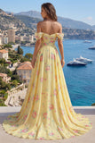 Sparkly Yellow Floral Off the Shoulder Ruffled Long Formal Dress with Beading