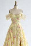 Sparkly Yellow Floral Off the Shoulder Ruffled Long Formal Dress with Beading