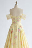 Sparkly Yellow Floral Off the Shoulder Ruffled Long Formal Dress with Beading