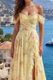 Sparkly Yellow Floral Off the Shoulder Ruffled Long Formal Dress with Beading