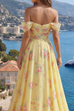 Sparkly Yellow Floral Off the Shoulder Ruffled Long Formal Dress with Beading