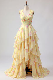 Yellow V-Neck A Line Floral Long Formal Dress with Ruffles