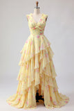 Yellow V-Neck A Line Floral Long Formal Dress with Ruffles