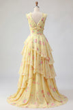 Yellow V-Neck A Line Floral Long Formal Dress with Ruffles