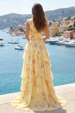 Yellow V-Neck A Line Floral Long Formal Dress with Ruffles