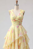 Yellow V-Neck A Line Floral Long Formal Dress with Ruffles