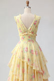 Yellow V-Neck A Line Floral Long Formal Dress with Ruffles
