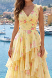 Yellow V-Neck A Line Floral Long Formal Dress with Ruffles