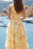 Yellow V-Neck A Line Floral Long Formal Dress with Ruffles