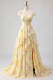 Yellow Cap Sleeves A Line Ruffled Floral Formal Dress with Slit