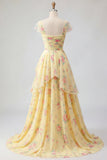 Yellow Cap Sleeves A Line Ruffled Floral Formal Dress with Slit