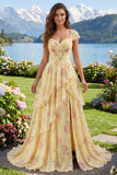 Yellow Cap Sleeves A Line Ruffled Floral Formal Dress with Slit
