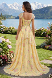 Yellow Cap Sleeves A Line Ruffled Floral Formal Dress with Slit