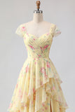 Yellow Cap Sleeves A Line Ruffled Floral Formal Dress with Slit