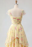 Yellow Cap Sleeves A Line Ruffled Floral Formal Dress with Slit