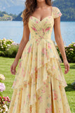 Yellow Cap Sleeves A Line Ruffled Floral Formal Dress with Slit