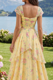 Yellow Cap Sleeves A Line Ruffled Floral Formal Dress with Slit