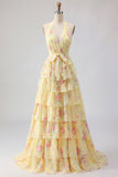 Yellow Halter A Line Floral Long Formal Dress with Ruffles