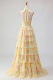 Yellow Halter A Line Floral Long Formal Dress with Ruffles