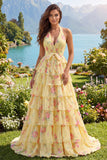 Yellow Halter A Line Floral Long Formal Dress with Ruffles