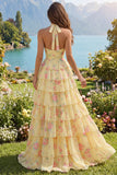 Yellow Halter A Line Floral Long Formal Dress with Ruffles