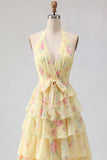 Yellow Halter A Line Floral Long Formal Dress with Ruffles