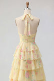 Yellow Halter A Line Floral Long Formal Dress with Ruffles