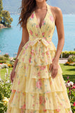 Yellow Halter A Line Floral Long Formal Dress with Ruffles