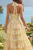 Yellow Halter A Line Floral Long Formal Dress with Ruffles