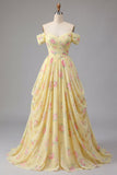 Yellow Ruched Off the Shoulder A Line Long Floral Formal Dress