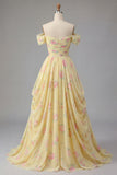 Yellow Ruched Off the Shoulder A Line Long Floral Formal Dress