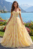 Yellow Ruched Off the Shoulder A Line Long Floral Formal Dress
