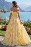 Yellow Ruched Off the Shoulder A Line Long Floral Formal Dress