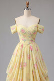 Yellow Ruched Off the Shoulder A Line Long Floral Formal Dress